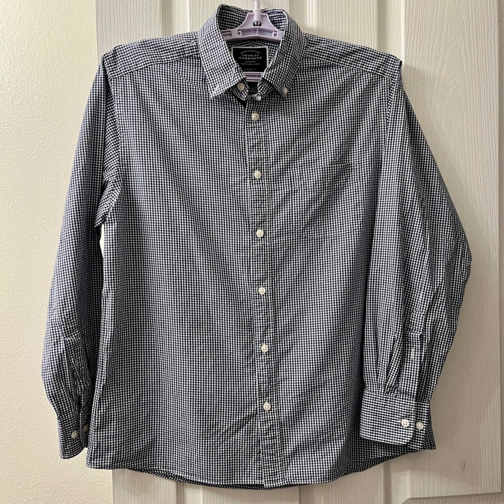 Charles Tyrwhitt Button Down Men's M Navy Blue Gingham Classic Fit Non-Iron